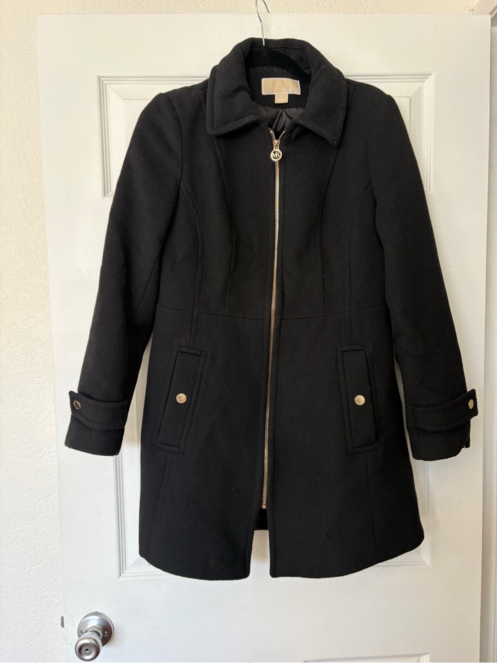 MICHAEL KORS Women’s Black Wool Blend Zip Peacoat